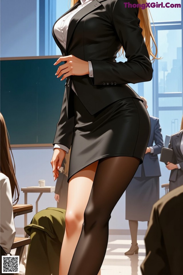A woman in a black skirt and a white shirt is standing in front of a classroom.